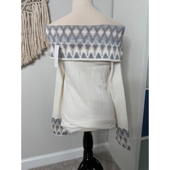 WHBM Cream Ecru Fair Isle Off-the-Shoulder Sweater Wool Blend XS NWT Holiday - Picture 3 of 7